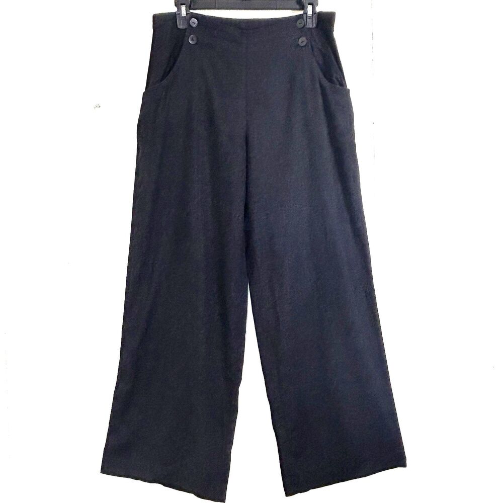 Basic Threads Black Linen Pants Size M Wide Leg Cropped Pockets Button Details